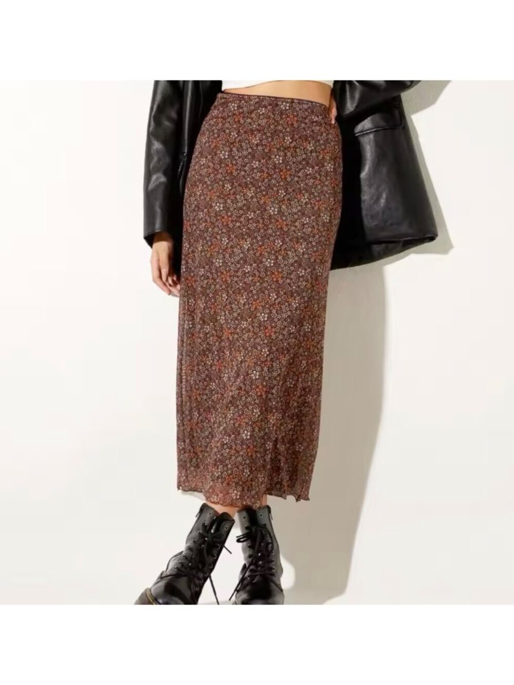 NEW Fairy Grunge Y2K Floral Mesh Midi Skirt Sz M Brown Stretch Pull-On 90s - Picture 2 of 7